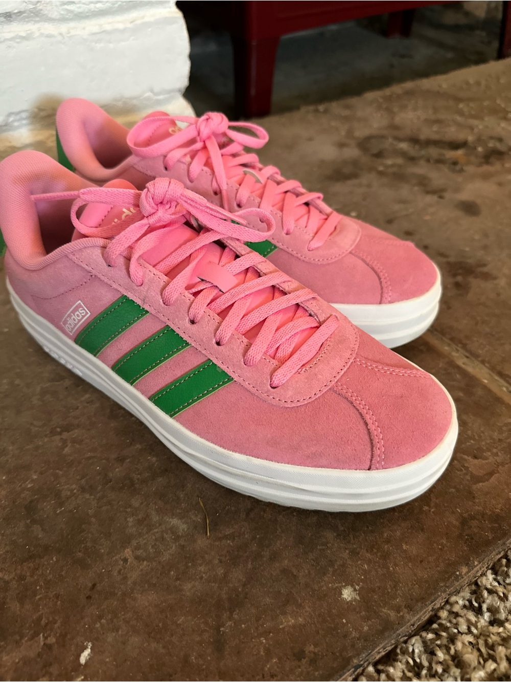 adidas Women’s Pink Suede Sneakers with Green Stripes